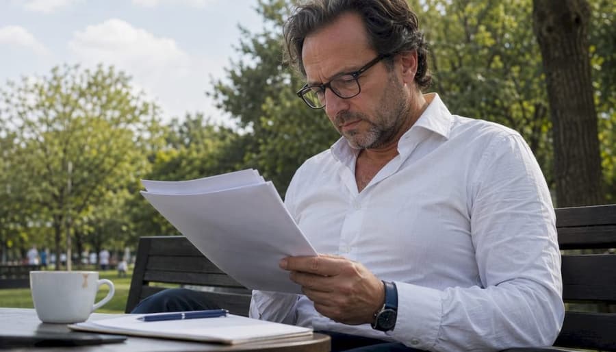 Imprenditore al lavoro che analizza pratiche e documenti sulla scrivania del proprio ufficio