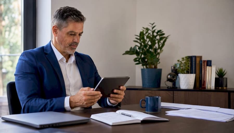 Le migliori alternative a Danea Easyfatt per PMI italiane 1 Imprenditore italiano seduto alla scrivania, circondato da dispositivi tecnologici e carte di lavoro