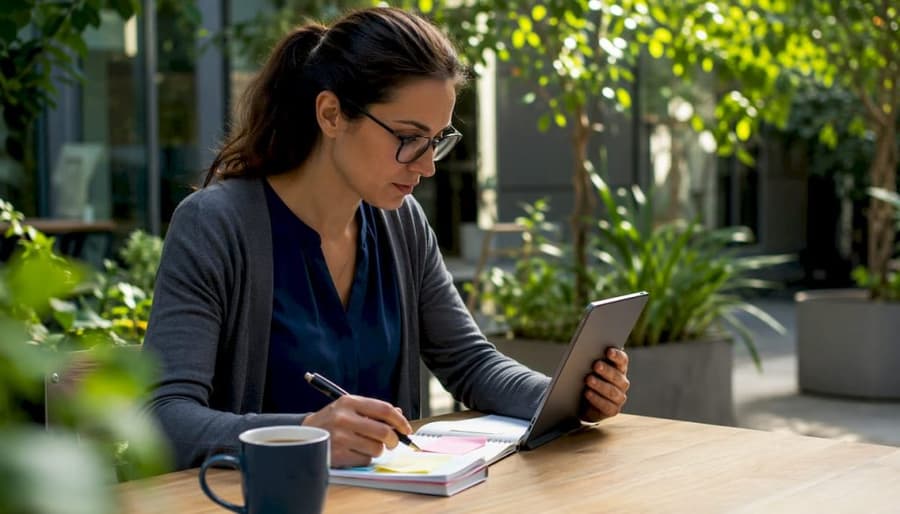 Professionista al lavoro in uno spazio coworking, impegnata tra tablet e appunti.