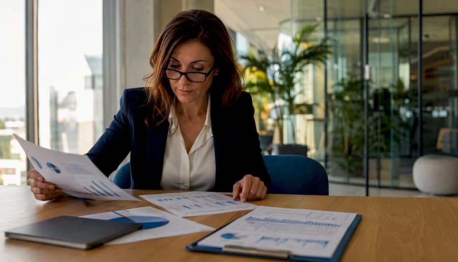 Manager italiana impegnata nell’analisi della documentazione MES nel proprio ufficio.