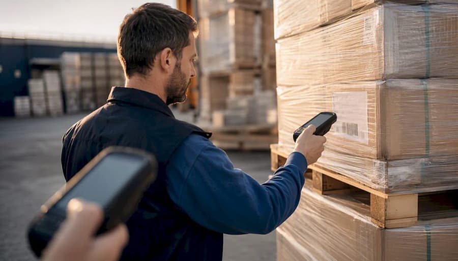 Un operatore controlla il codice a barre di un pallet nel magazzino.