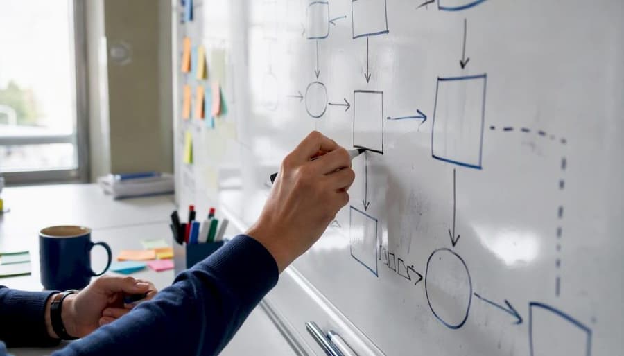 Fasi di implementazione ERP: guida pratica per PMI 1 Mani che disegnano i flussi dei processi aziendali su una lavagna