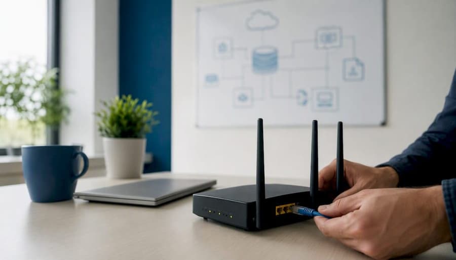 AI in ERP: guida operativa per decisori aziendali 1 Mani che collegano un cavo di rete in ufficio
