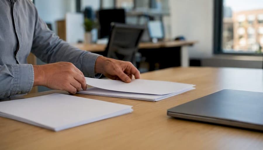 Intrastat in ERP: la guida operativa per la conformità 1 Mani al lavoro sulla scrivania, mentre si organizzano dati e documenti in ufficio.