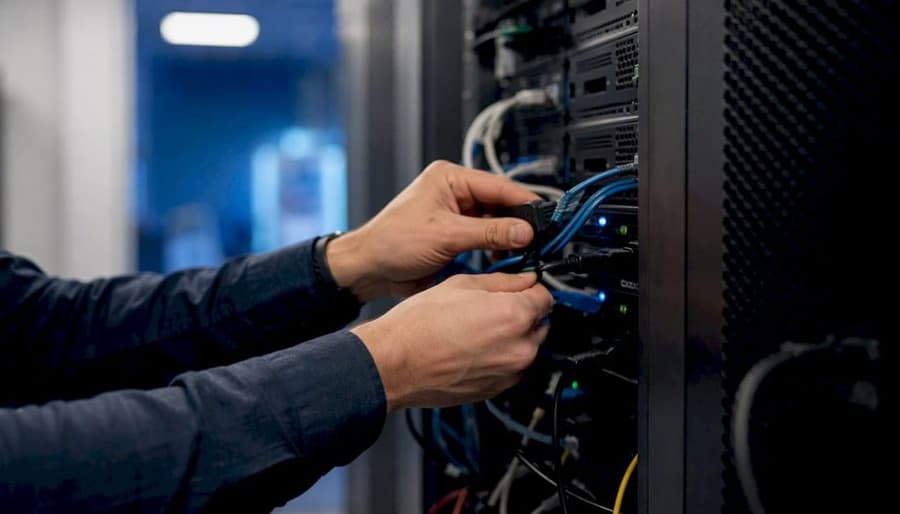 Scontrino elettronico ERP: come integrarlo passo dopo passo 1 Mani all’opera tra i cavi di un rack server