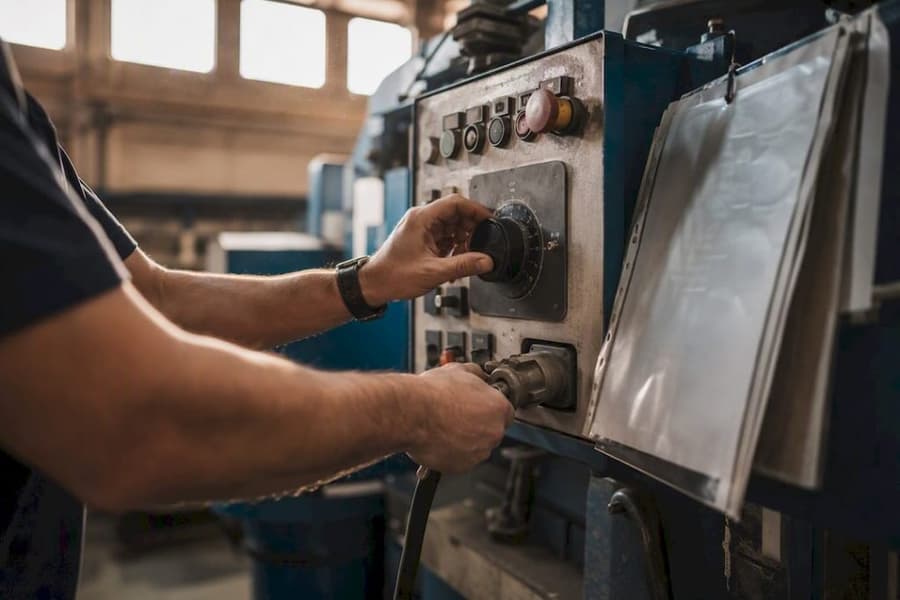 OEE e MES: come integrarli per misurare l'efficienza reale 1 Mani esperte che regolano i comandi di una macchina industriale