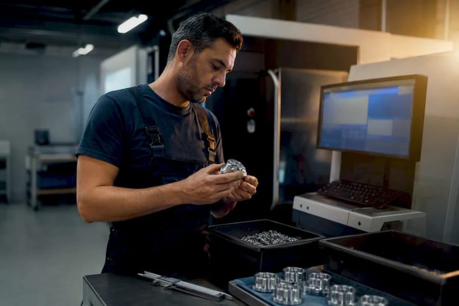Parti con l'80–90% già pronto: verticalizzazione ERP per PMI manifatturiere 1 Cella metalmeccanica con pezzi in lavorazione