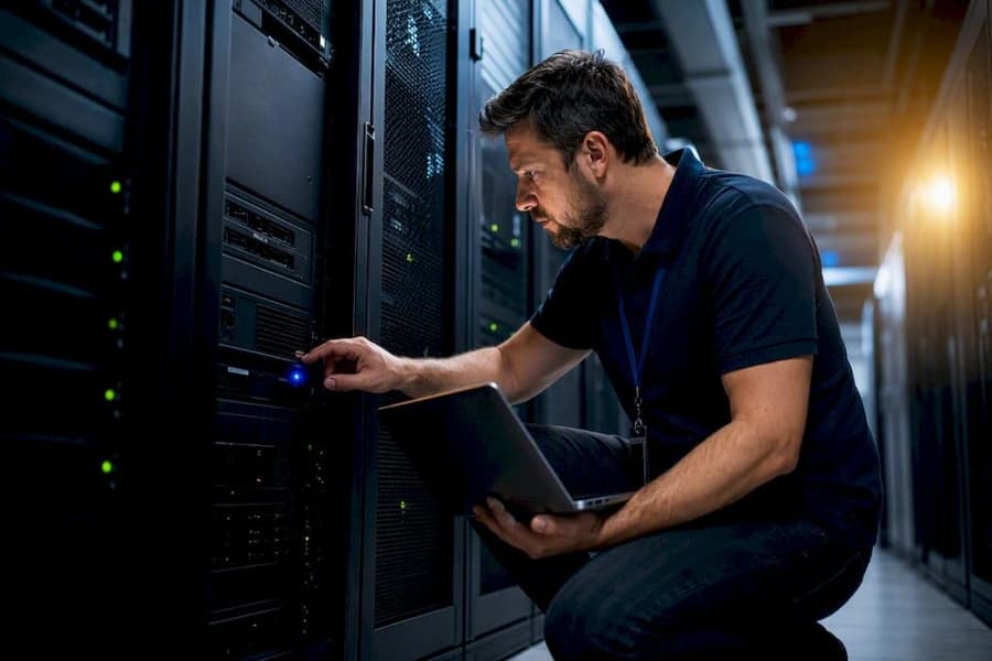 Hosting ERP gestito: cos'è e quando conviene alla tua PMI 1 Tecnico che controlla i rack server in un'infrastruttura dedicata