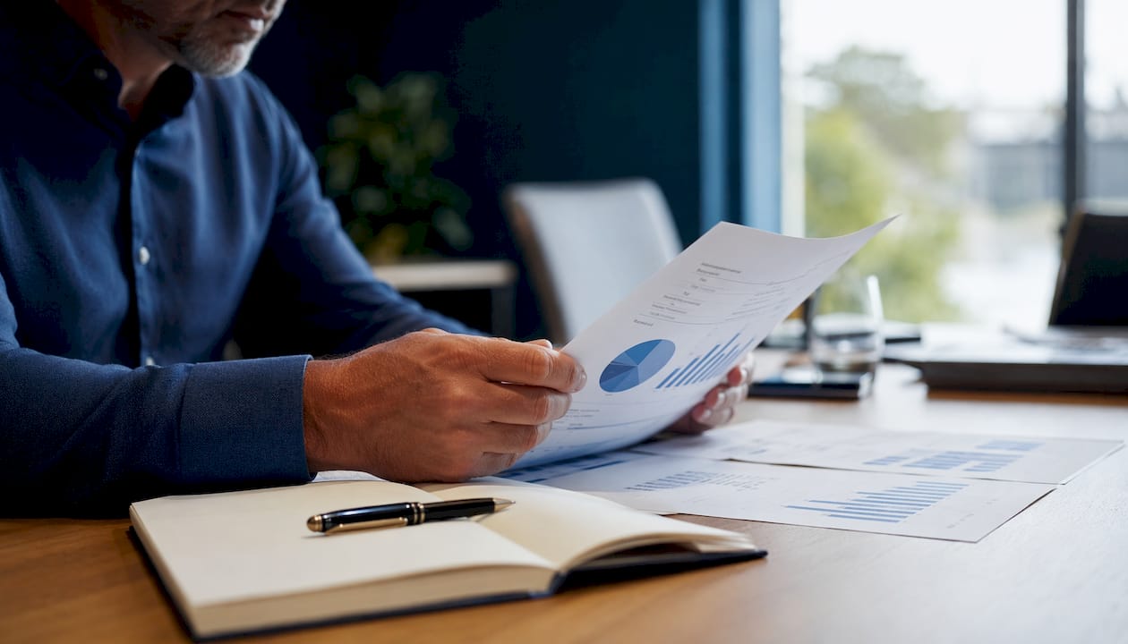 Mani che organizzano e analizzano documenti finanziari relativi al costo totale di proprietà (TCO) di un sistema ERP