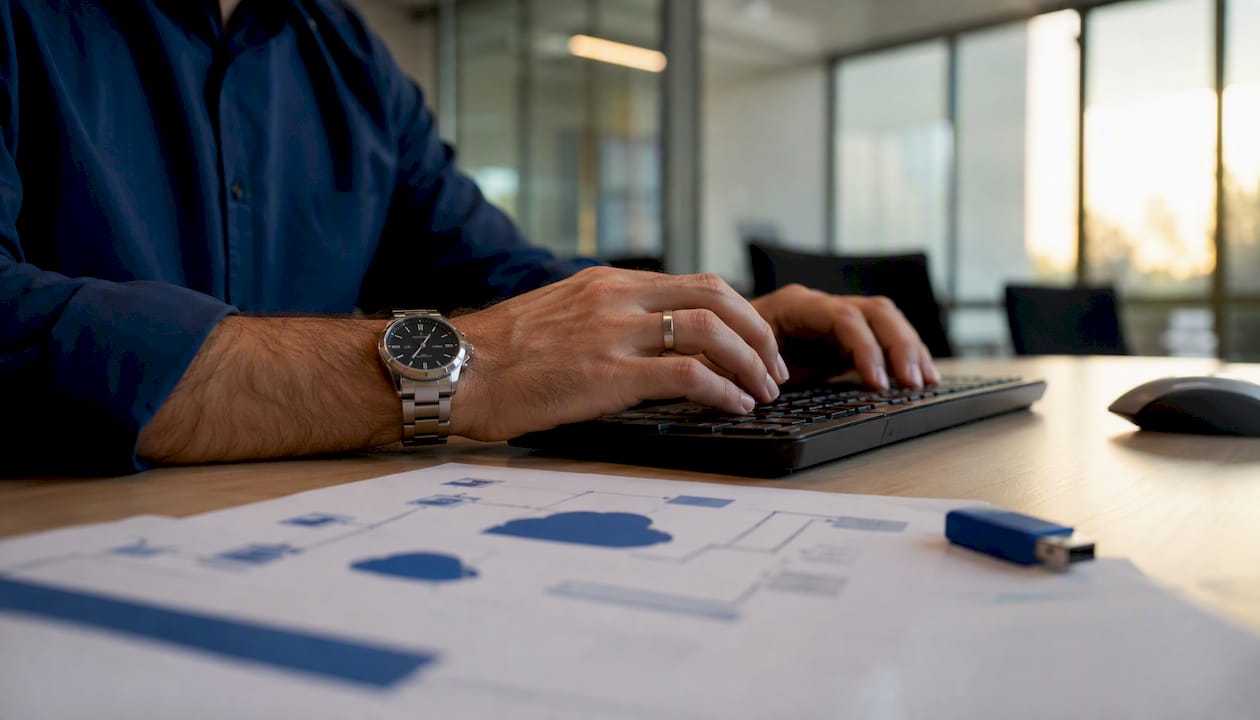 Le mani di un esperto IT al lavoro sulla tastiera, mentre sullo schermo si intravedono schemi e diagrammi che illustrano l’architettura cloud.