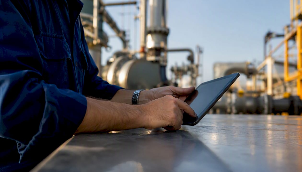 Operatore che inserisce dati nel sistema MES tramite tablet