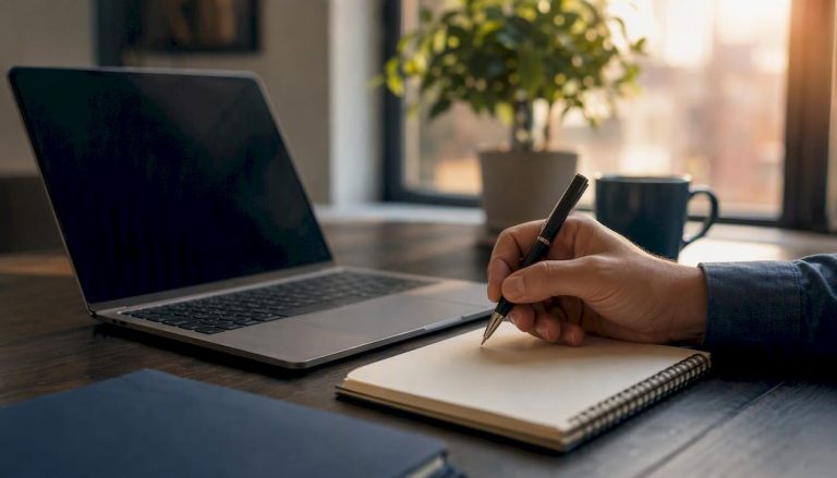 Prima nota automatica per PMI: guida operativa 2026 8 Dettaglio di una scrivania con un registro vuoto e il laptop pronto all’uso.