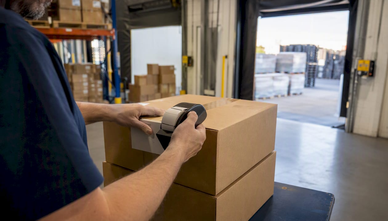 Addetto che applica etichette sulla merce appena arrivata in magazzino
