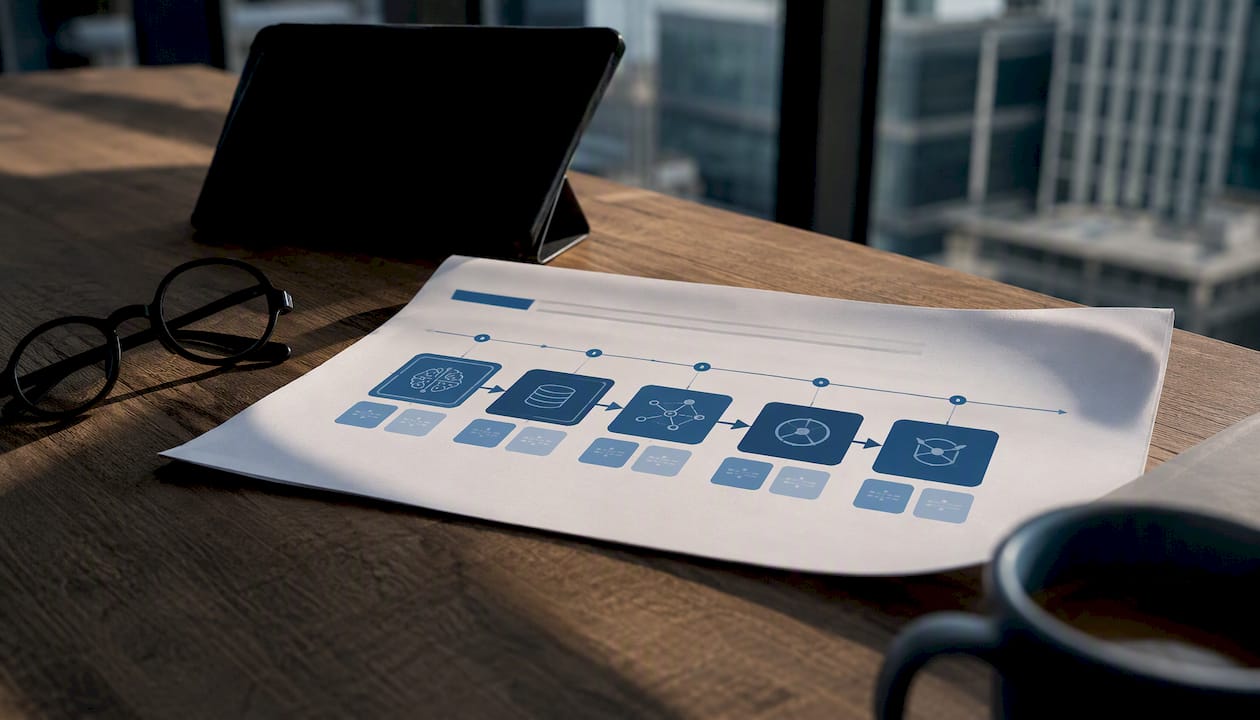 AI in ERP: guida operativa per decisori aziendali 2 Sulla scrivania dell’ufficio è ben visibile la versione stampata della roadmap del progetto AI.
