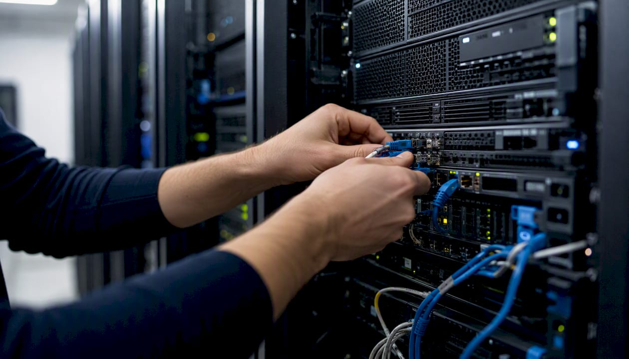 Integrazione WooCommerce–gestionale: guida pratica per PMI 3 Un tecnico sta sistemando i collegamenti all'interno di un rack di server.