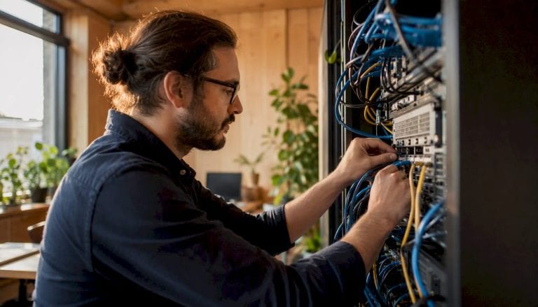Integrazione WooCommerce–gestionale: guida pratica per PMI 1 Mani che collegano cavi di rete a un server