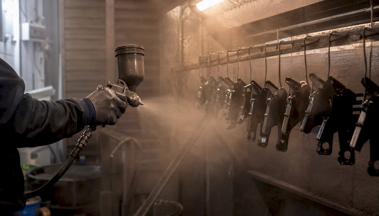 Mani esperte che verniciano componenti metallici all'interno di una cabina di verniciatura.