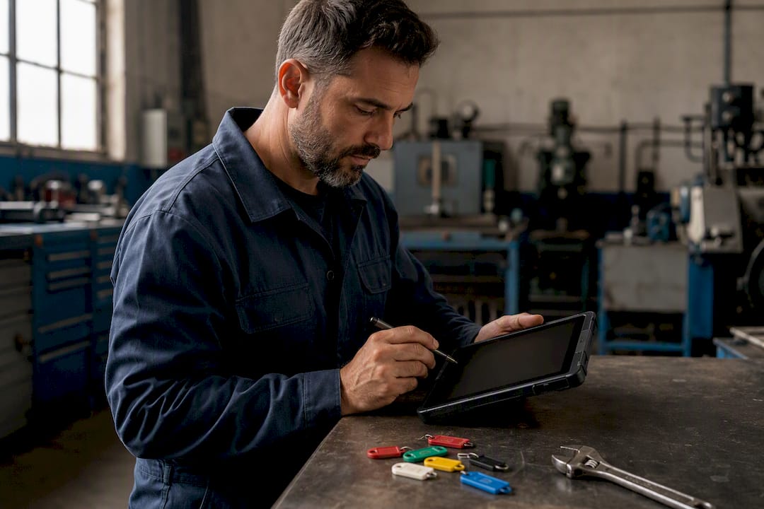 OEE e MES: come integrarli per misurare l'efficienza reale 3 Le mani dell’operatore si preparano a inserire dati su un tablet.