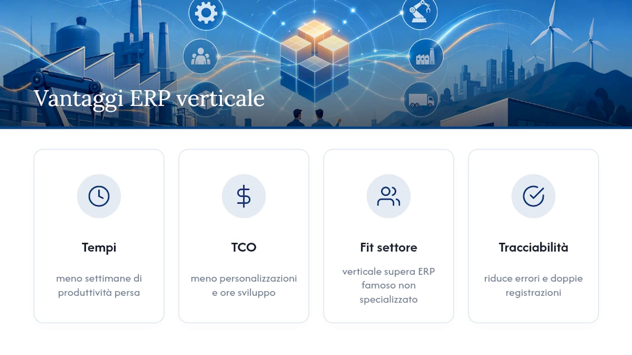 Parti con l'80–90% già pronto: verticalizzazione ERP per PMI manifatturiere 3 Quali vantaggi porta un ERP verticale a una PMI manifatturiera? — overview diagram