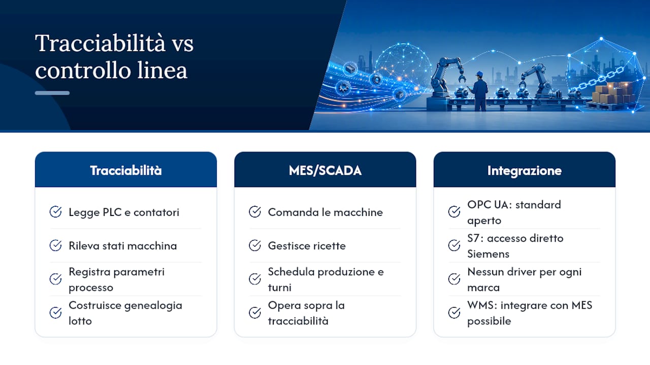 PMI: reperibilità in ore con tracciabilità lotti e seriali 2 Come si integra la tracciabilità con PLC, OPC UA e S7 — overview diagram
