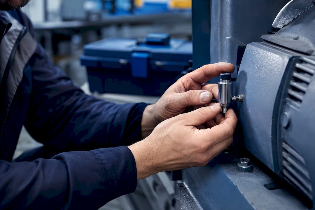 Migliorare l'OEE in produzione: guida pratica per i responsabili 2 Tecnico che installa un sensore su macchina industriale